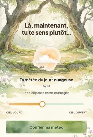 Écran de l'application : « Là, maintenant, tu te sens plutôt… » — un curseur de ciel lourd à ciel ouvert, météo du jour nuageuse, 5 sur 10