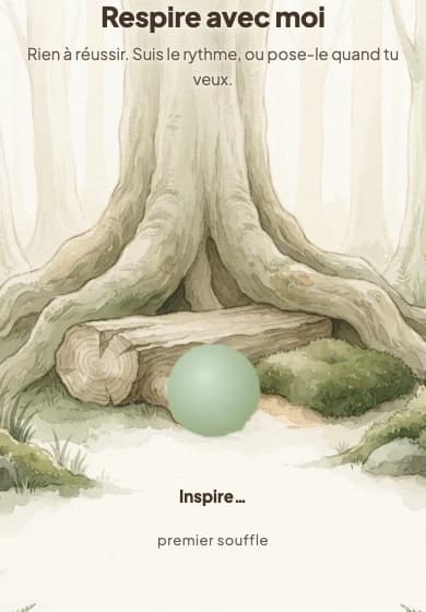 Écran de l'application : « Respire avec moi — Rien à réussir. Suis le rythme, ou pose-le quand tu veux », avec une sphère de respiration dans une forêt aquarelle