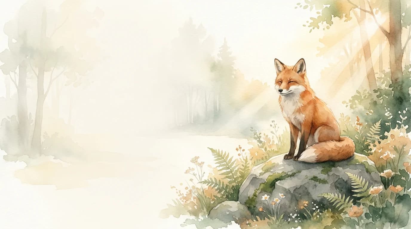 Un renard roux assis paisiblement sur un rocher moussu, à la lisière d'un bois baigné d'une lumière dorée — la métaphore Yugen